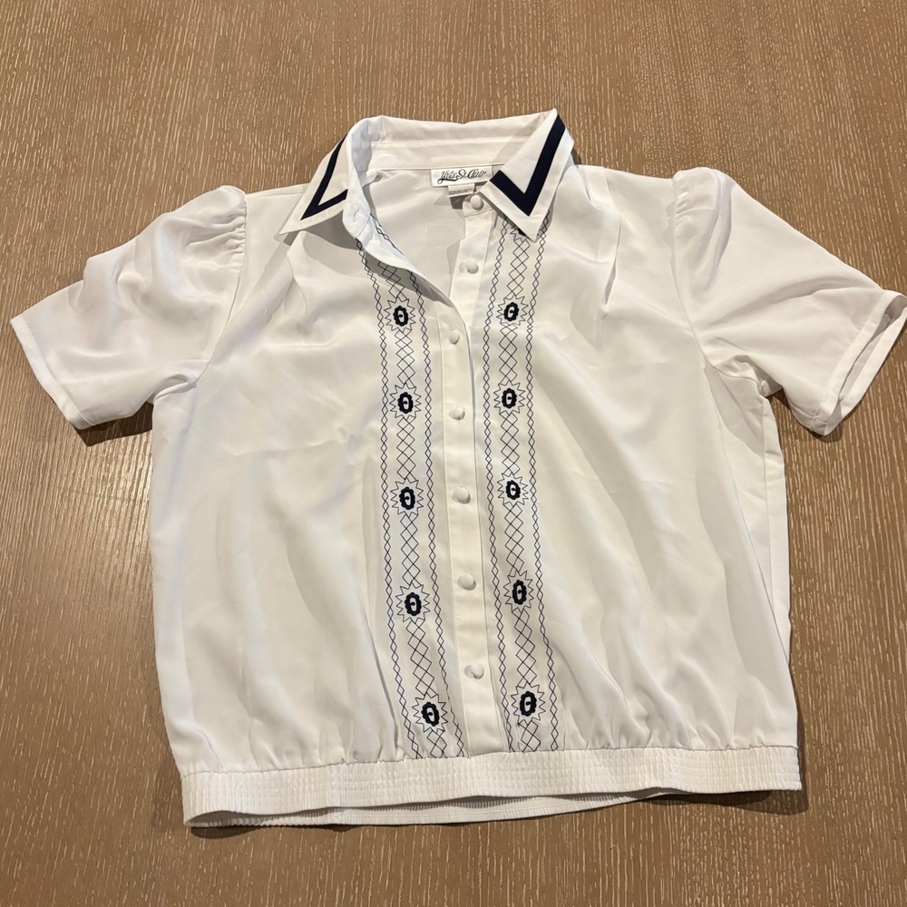 Yves St Clair White Embroidered Blouse Women's 16 Short Sleeve Retro‎ Top EUC